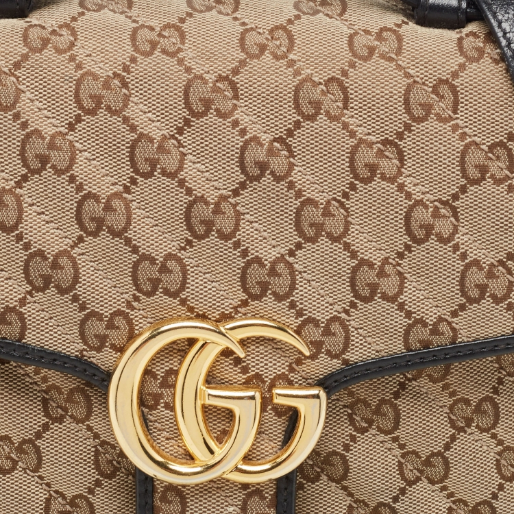Pre Owned Gucci Black/Beige Matelasse GG Canvas and Leather Small GG Marmont Top Handle Bag