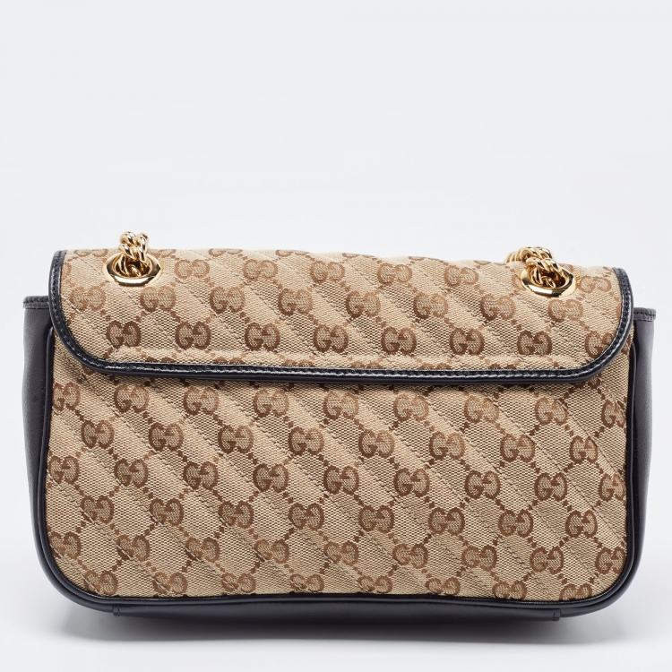 Pre Owned Gucci Black/Beige Diagonal Quilted GG Canvas and Leather Small GG Marmont Shoulder Bag