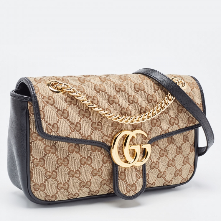 Pre Owned Gucci Black/Beige Diagonal Quilted GG Canvas and Leather Small GG Marmont Shoulder Bag