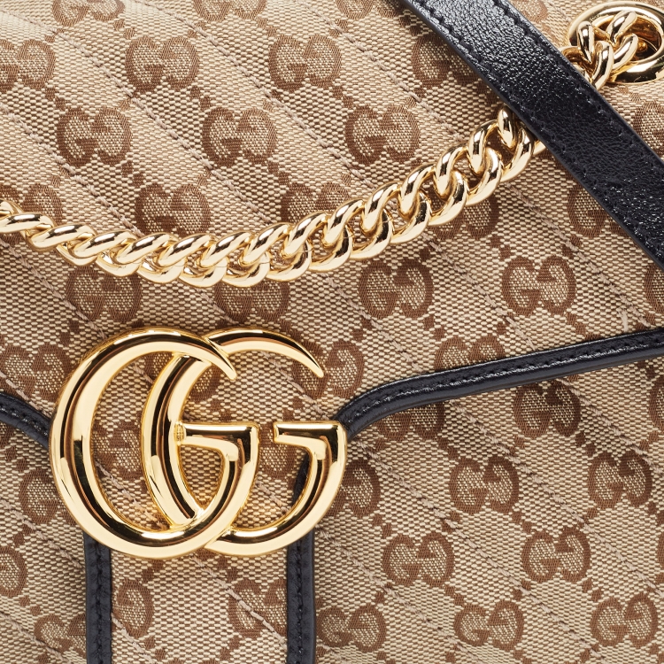 Pre Owned Gucci Black/Beige Diagonal Quilted GG Canvas and Leather Small GG Marmont Shoulder Bag