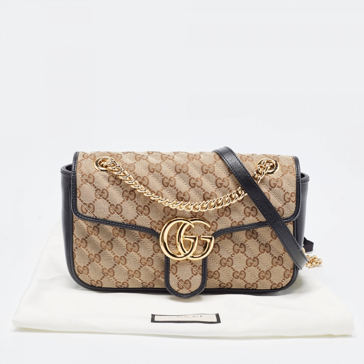 Pre Owned Gucci Black/Beige Diagonal Quilted GG Canvas and Leather Small GG Marmont Shoulder Bag