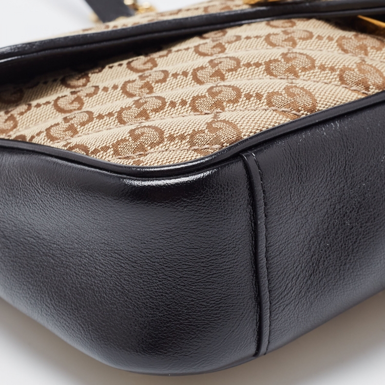 Pre Owned Gucci Black/Beige Diagonal Quilted GG Canvas and Leather Small GG Marmont Shoulder Bag