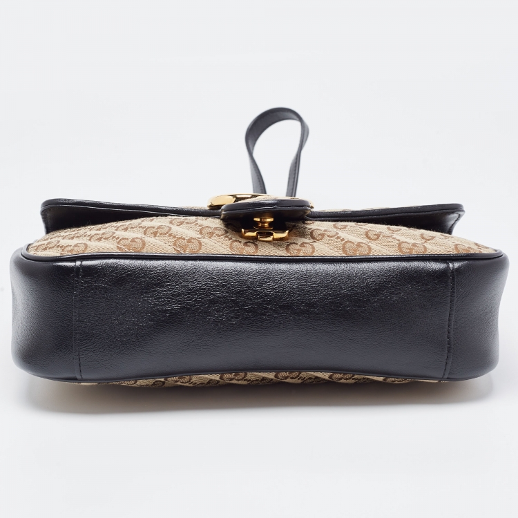 Pre Owned Gucci Black/Beige Diagonal Quilted GG Canvas and Leather Small GG Marmont Shoulder Bag