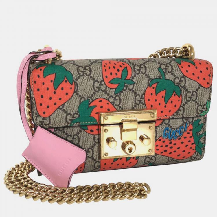 Gucci Small GG Supreme Strawberry Padlock Shoulder Bag