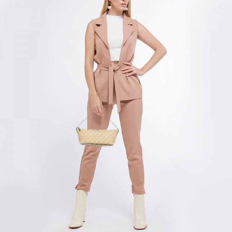 مملوكة مسبقًا Gucci Beige/Green GG Canvas and Leather Pochette Bag