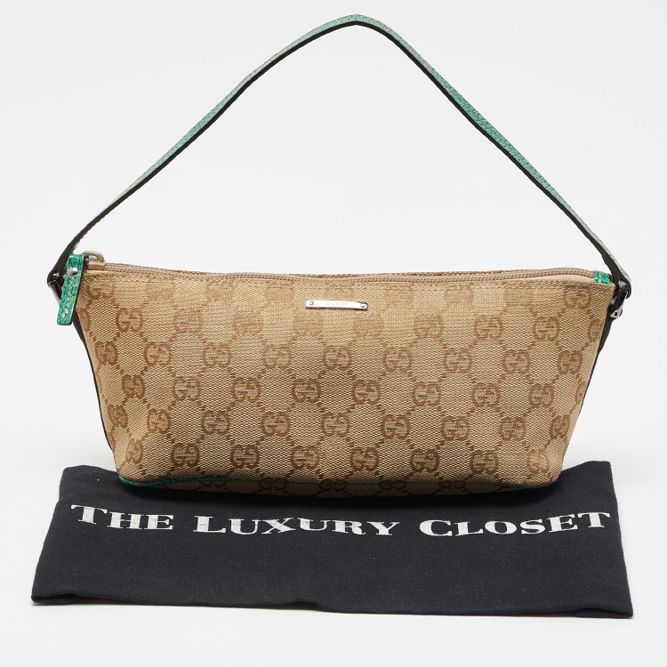 مملوكة مسبقًا Gucci Beige/Green GG Canvas and Leather Pochette Bag