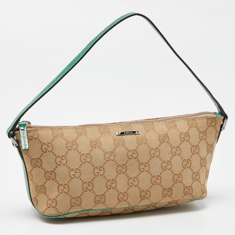 مملوكة مسبقًا Gucci Beige/Green GG Canvas and Leather Pochette Bag