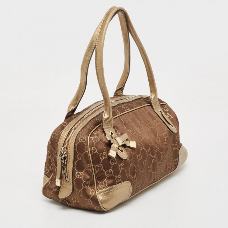 Pre Owned Gucci Gold/Brown GG Fabric and Leather Princy Boston Bag