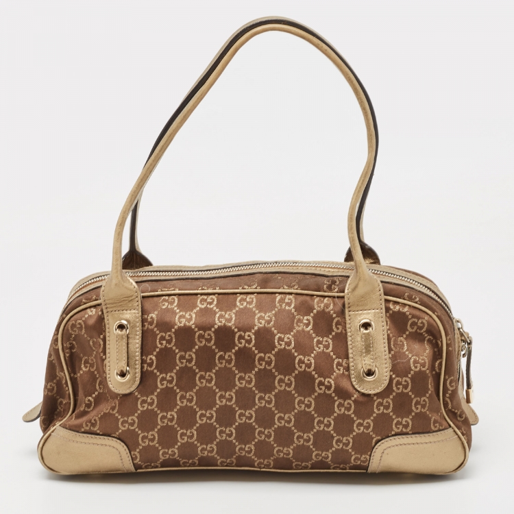Pre Owned Gucci Gold/Brown GG Fabric and Leather Princy Boston Bag