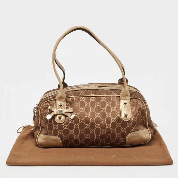 Pre Owned Gucci Gold/Brown GG Fabric and Leather Princy Boston Bag