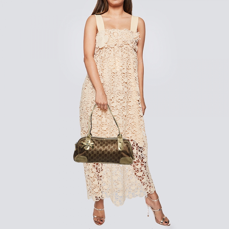 Pre Owned Gucci Gold/Brown GG Fabric and Leather Princy Boston Bag