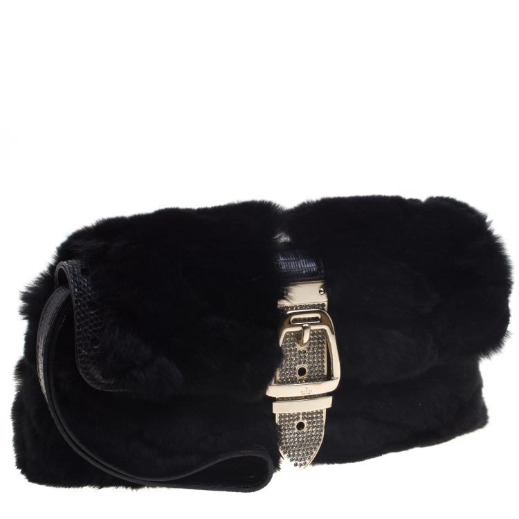 Pre Owned Gucci Black Fur Lizard Trim Crystal Embellished Wristlet Clutch