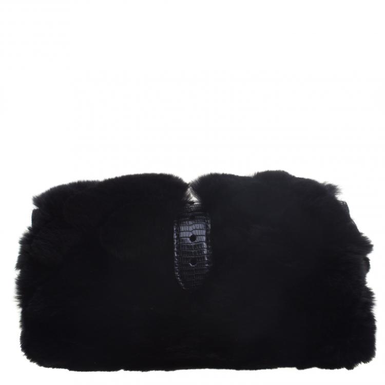 Pre Owned Gucci Black Fur Lizard Trim Crystal Embellished Wristlet Clutch