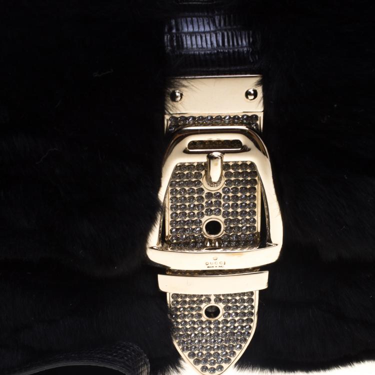 Pre Owned Gucci Black Fur Lizard Trim Crystal Embellished Wristlet Clutch