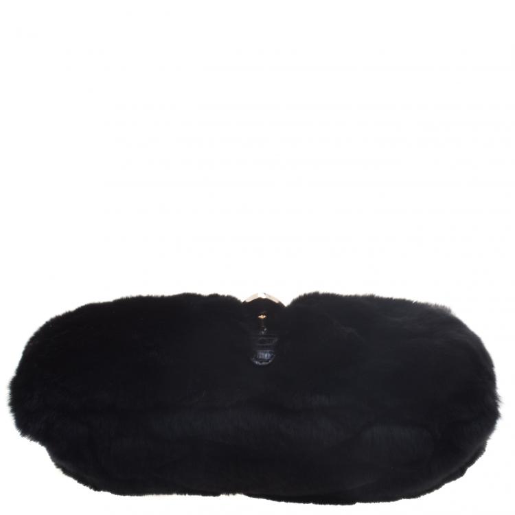 Pre Owned Gucci Black Fur Lizard Trim Crystal Embellished Wristlet Clutch