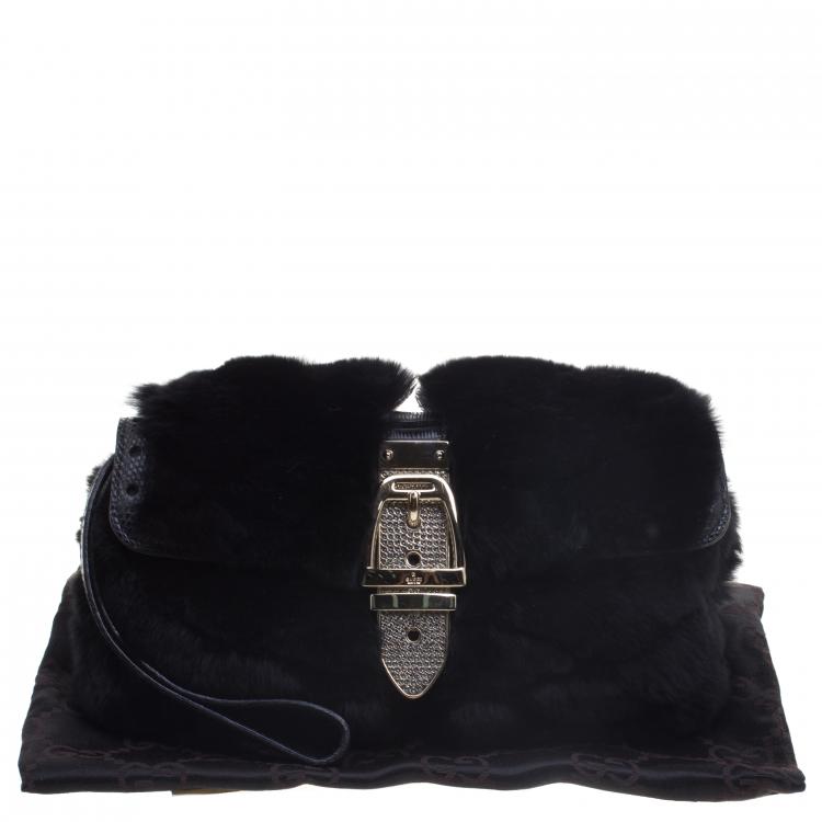 Pre Owned Gucci Black Fur Lizard Trim Crystal Embellished Wristlet Clutch