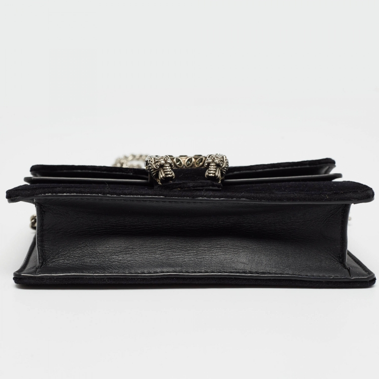 Pre Owned Gucci Black Leather and Velvet Super Mini Dionysus Crystals Chain Bag