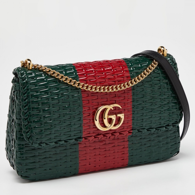 Pre Owned Gucci Green/Red Glazed Wicker Small Cestino Shoulder Bag