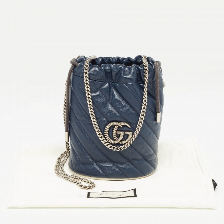Pre Owned Gucci Navy Blue Matelasse Leather Mini GG Torchon Marmont Bucket Bag