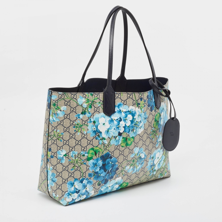 Pre Owned Gucci Navy Blue/Beige GG Supreme Canvas Medium Blooms Reversible Tote