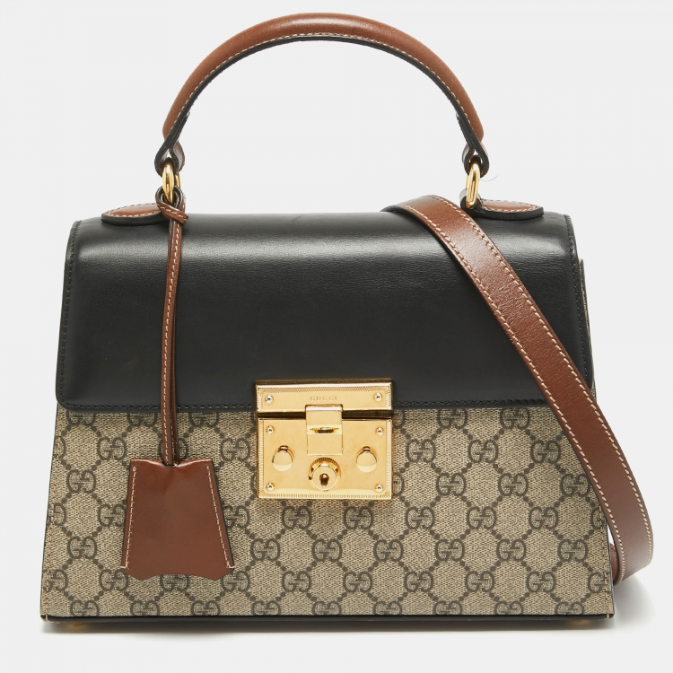 Pre Owned Gucci Tri Color GG Supreme Coated Canvas and Leather Padlock Top Handle Bag