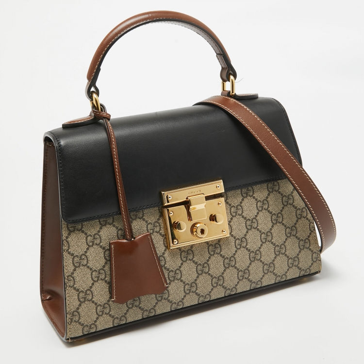 Pre Owned Gucci Tri Color GG Supreme Coated Canvas and Leather Padlock Top Handle Bag