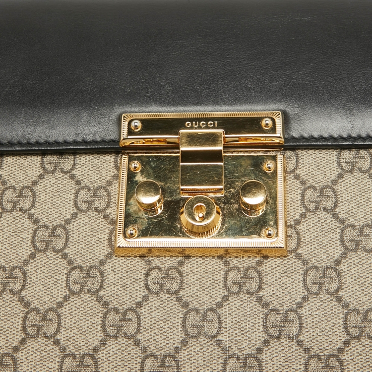 Pre Owned Gucci Tri Color GG Supreme Coated Canvas and Leather Padlock Top Handle Bag