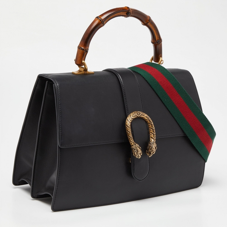 Pre Owned Gucci Black Leather Large Dionysus Bamboo Top Handle Bag