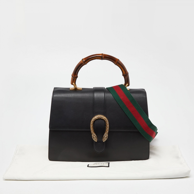 Pre Owned Gucci Black Leather Large Dionysus Bamboo Top Handle Bag