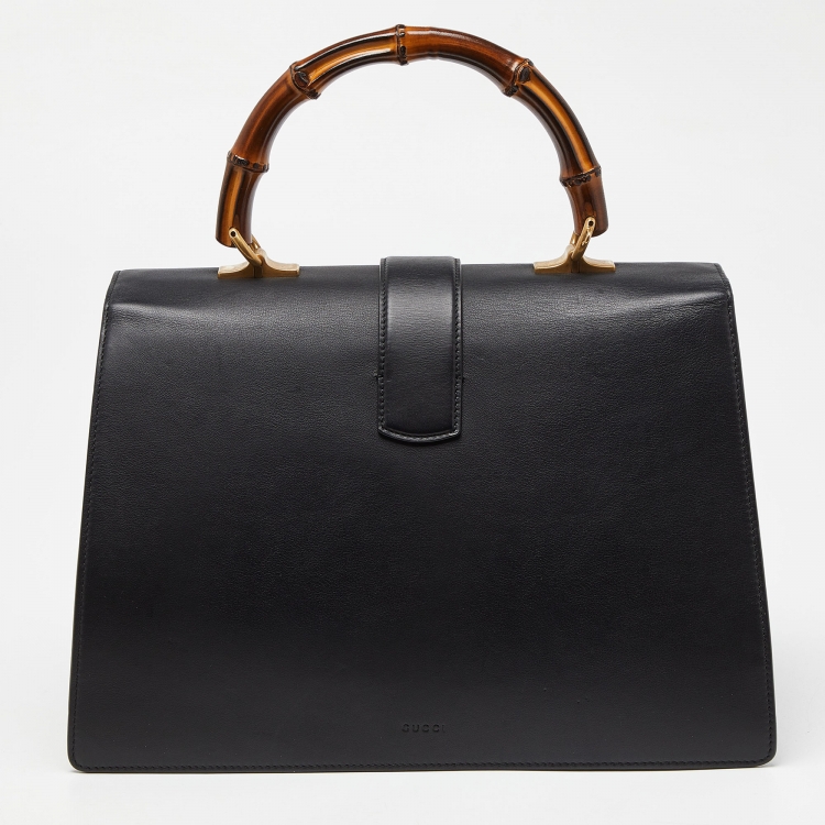 Pre Owned Gucci Black Leather Large Dionysus Bamboo Top Handle Bag