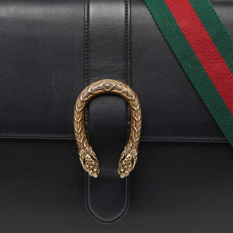 Pre Owned Gucci Black Leather Large Dionysus Bamboo Top Handle Bag