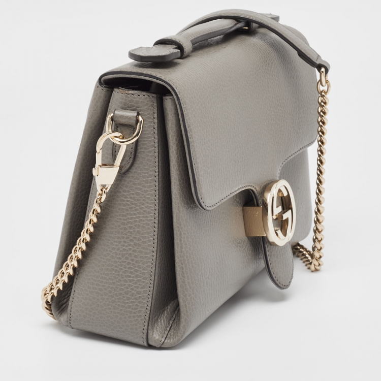 Pre Owned Gucci Grey Leather Dollar Interlocking G Top Handle Bag