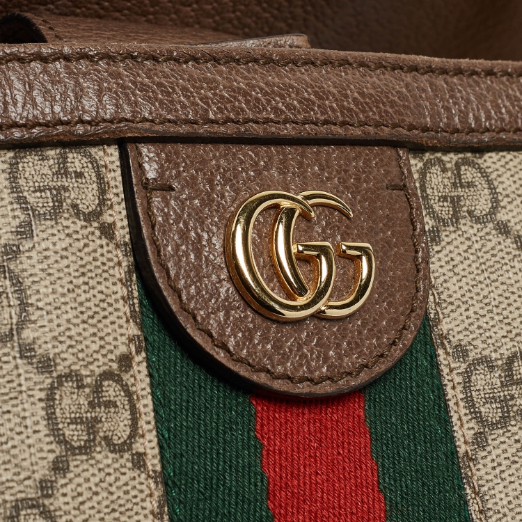 Pre Owned Gucci Brown/Beige GG Supreme Canvas and Leather Ophidia Tote