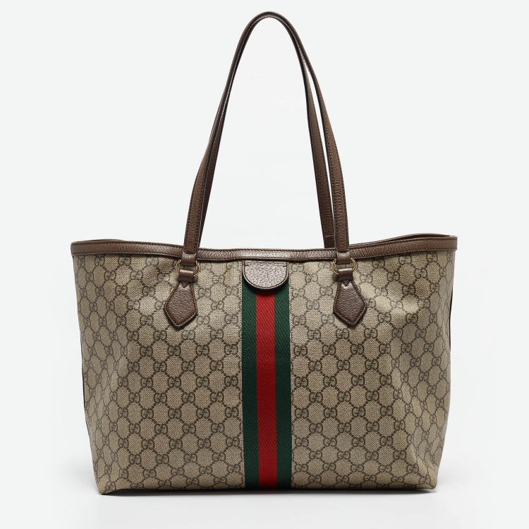 Pre Owned Gucci Brown/Beige GG Supreme Canvas and Leather Ophidia Tote