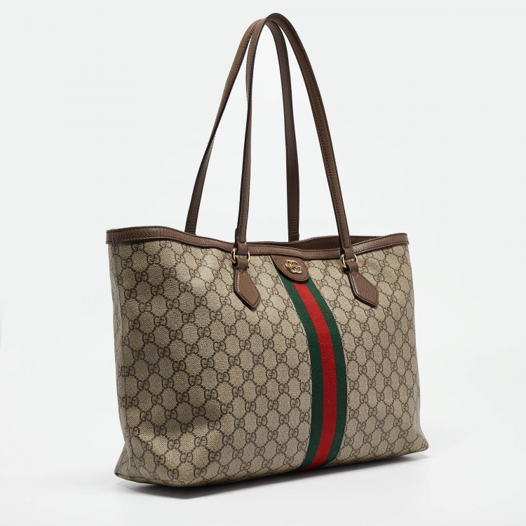 Pre Owned Gucci Brown/Beige GG Supreme Canvas and Leather Ophidia Tote