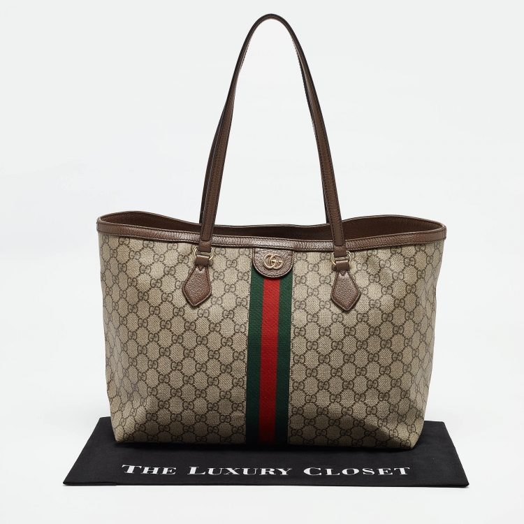 Pre Owned Gucci Brown/Beige GG Supreme Canvas and Leather Ophidia Tote
