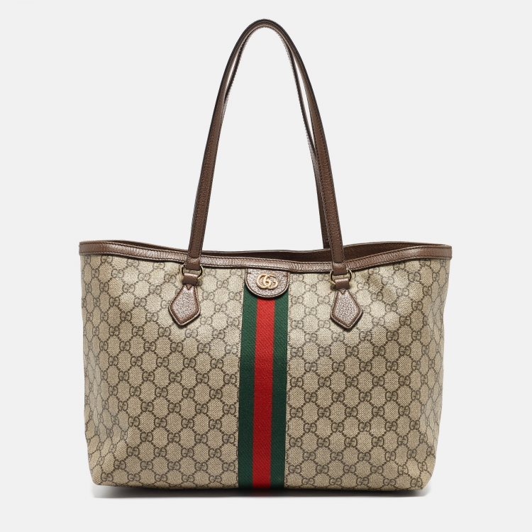 Pre Owned Gucci Brown/Beige GG Supreme Canvas and Leather Ophidia Tote