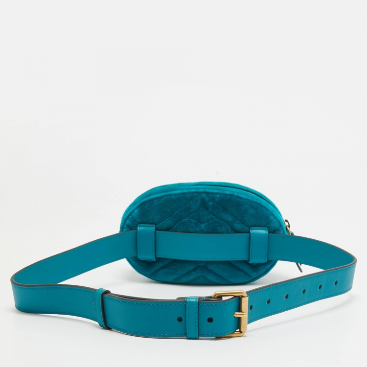 Pre Owned Gucci Teal Matelassé Velvet and Leather Mini GG Marmont Belt Bag