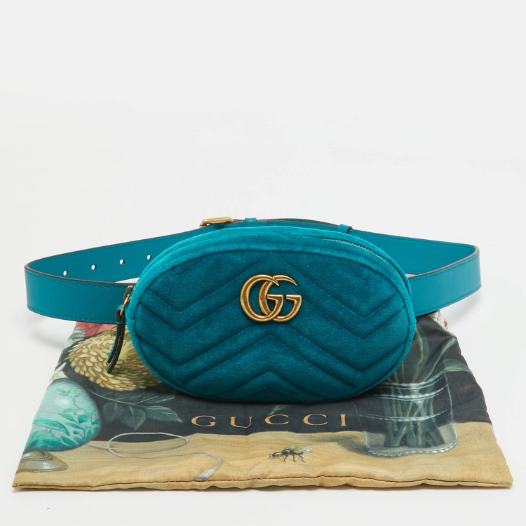 Pre Owned Gucci Teal Matelassé Velvet and Leather Mini GG Marmont Belt Bag