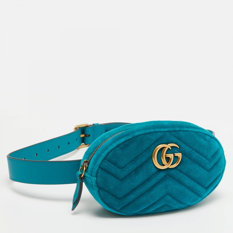 Pre Owned Gucci Teal Matelassé Velvet and Leather Mini GG Marmont Belt Bag