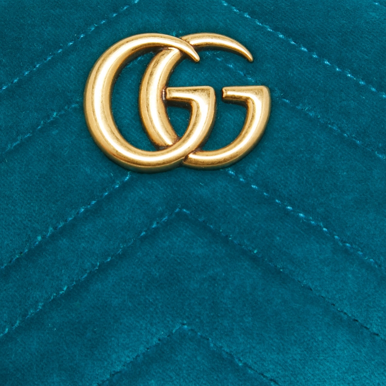 Pre Owned Gucci Teal Matelassé Velvet and Leather Mini GG Marmont Belt Bag
