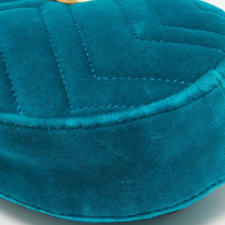 Pre Owned Gucci Teal Matelassé Velvet and Leather Mini GG Marmont Belt Bag