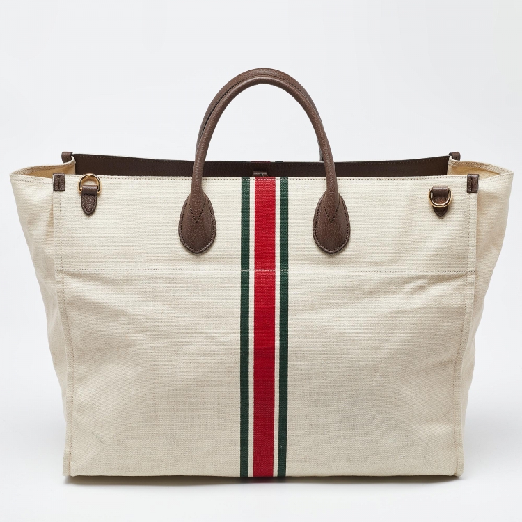 Pre Owned Gucci Beige/Brown Canvas and Leather Web Shopper Tote