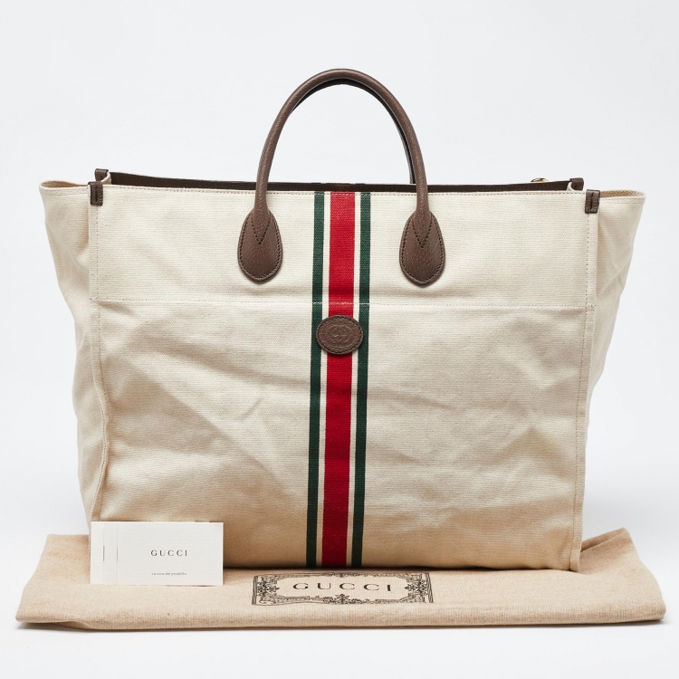 Pre Owned Gucci Beige/Brown Canvas and Leather Web Shopper Tote