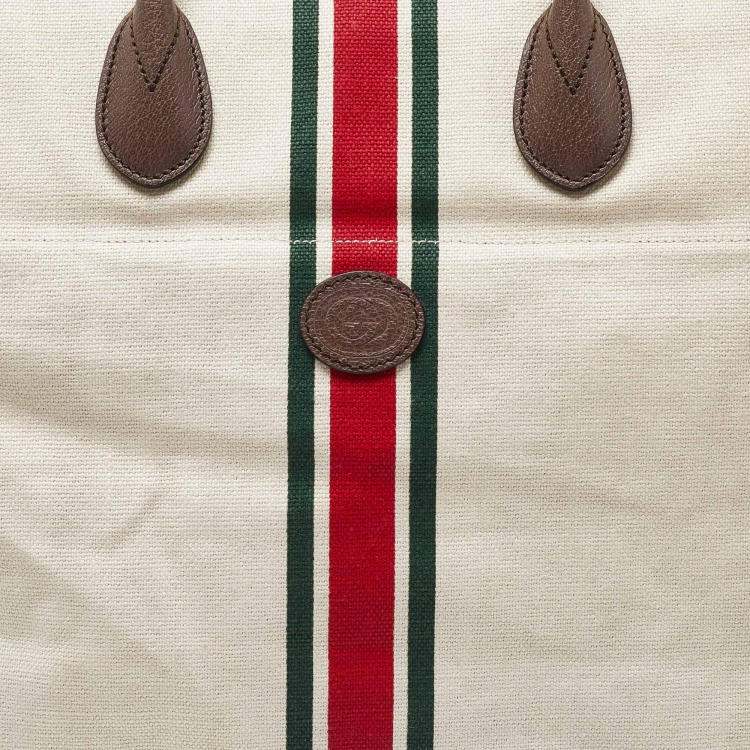 Pre Owned Gucci Beige/Brown Canvas and Leather Web Shopper Tote