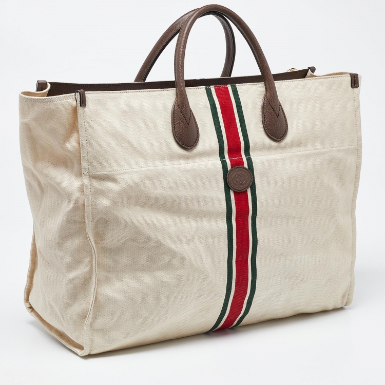 Pre Owned Gucci Beige/Brown Canvas and Leather Web Shopper Tote