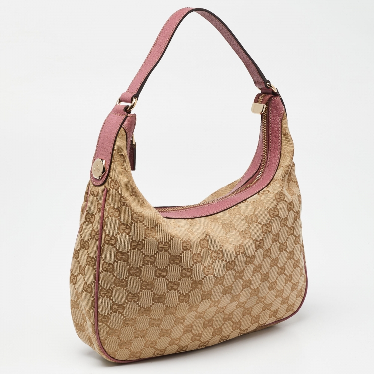 Pre Owned Gucci Beige/Pink GG Canvas and Leather Hobo