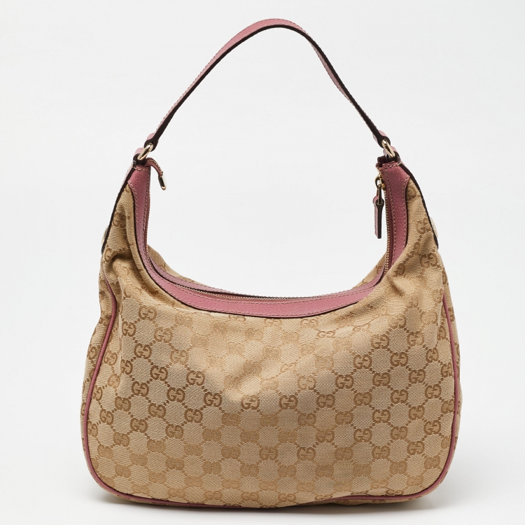 Pre Owned Gucci Beige/Pink GG Canvas and Leather Hobo