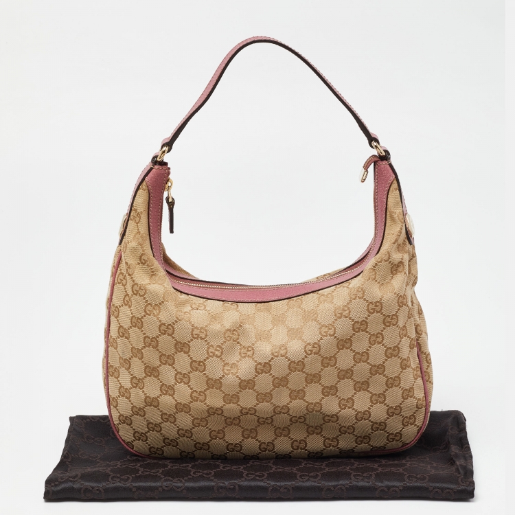 Pre Owned Gucci Beige/Pink GG Canvas and Leather Hobo