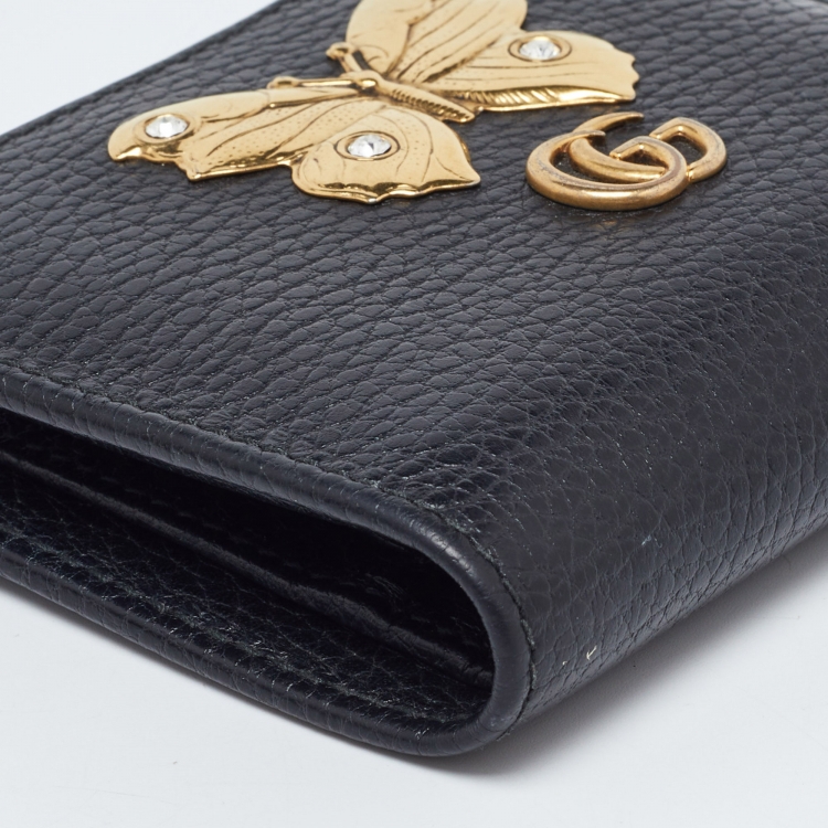 Pre Owned Gucci Black Leather GG Marmont Butterfly Bifold Zip Wallet